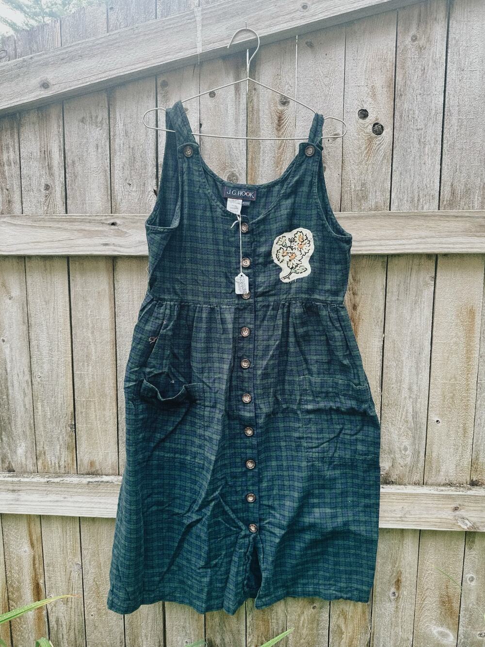 Upcycled Plaid Dress with Vintage Embroidered Floral | Cottagecore | P Medium